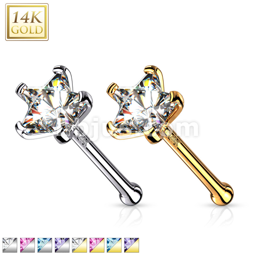 14KT  Gold 14K Solid Gold Star Prong Set CZ Nose Stud Ring
