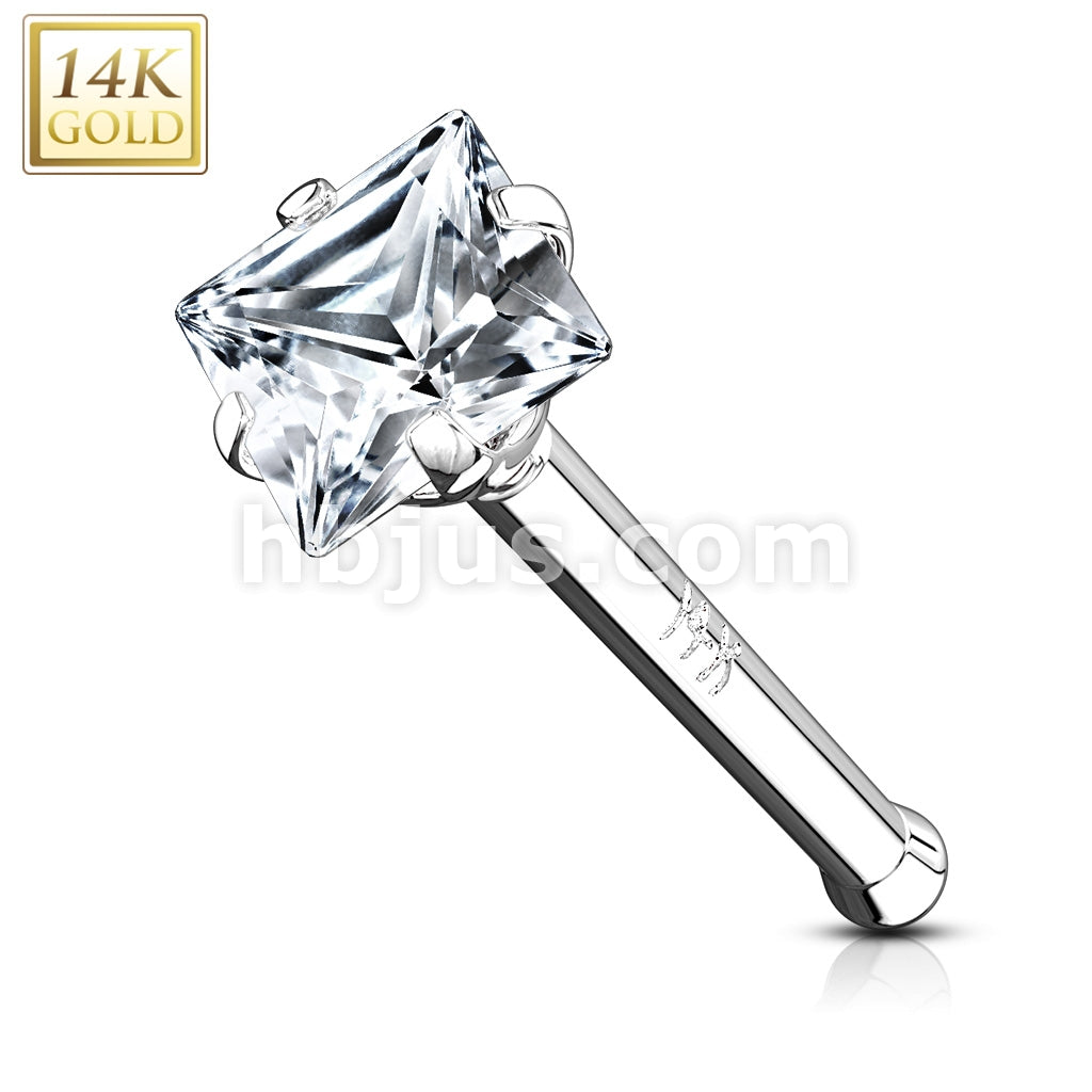 14KT  Gold 14Kt. Gold Nose Stud Ring with Prong Set Square CZ - Image 2