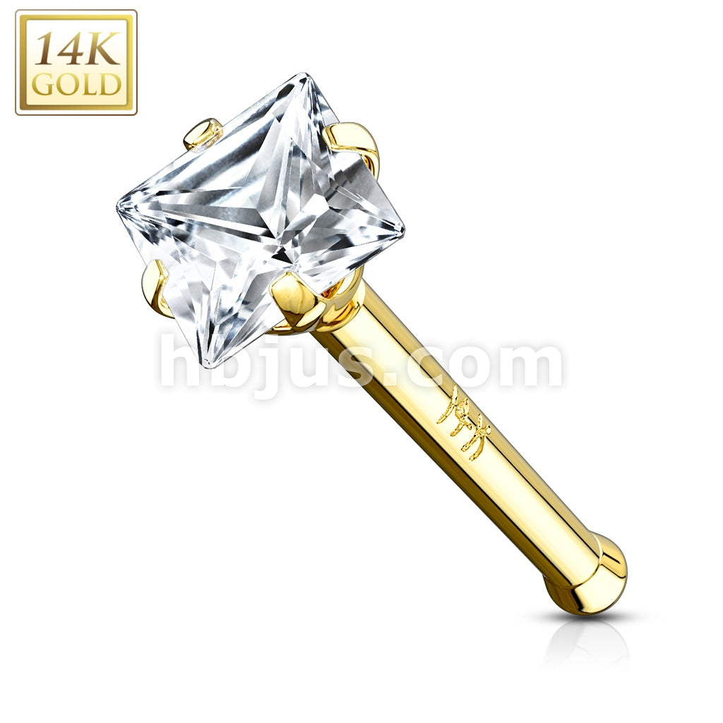 14KT  Gold 14Kt. Gold Nose Stud Ring with Prong Set Square CZ - Image 3