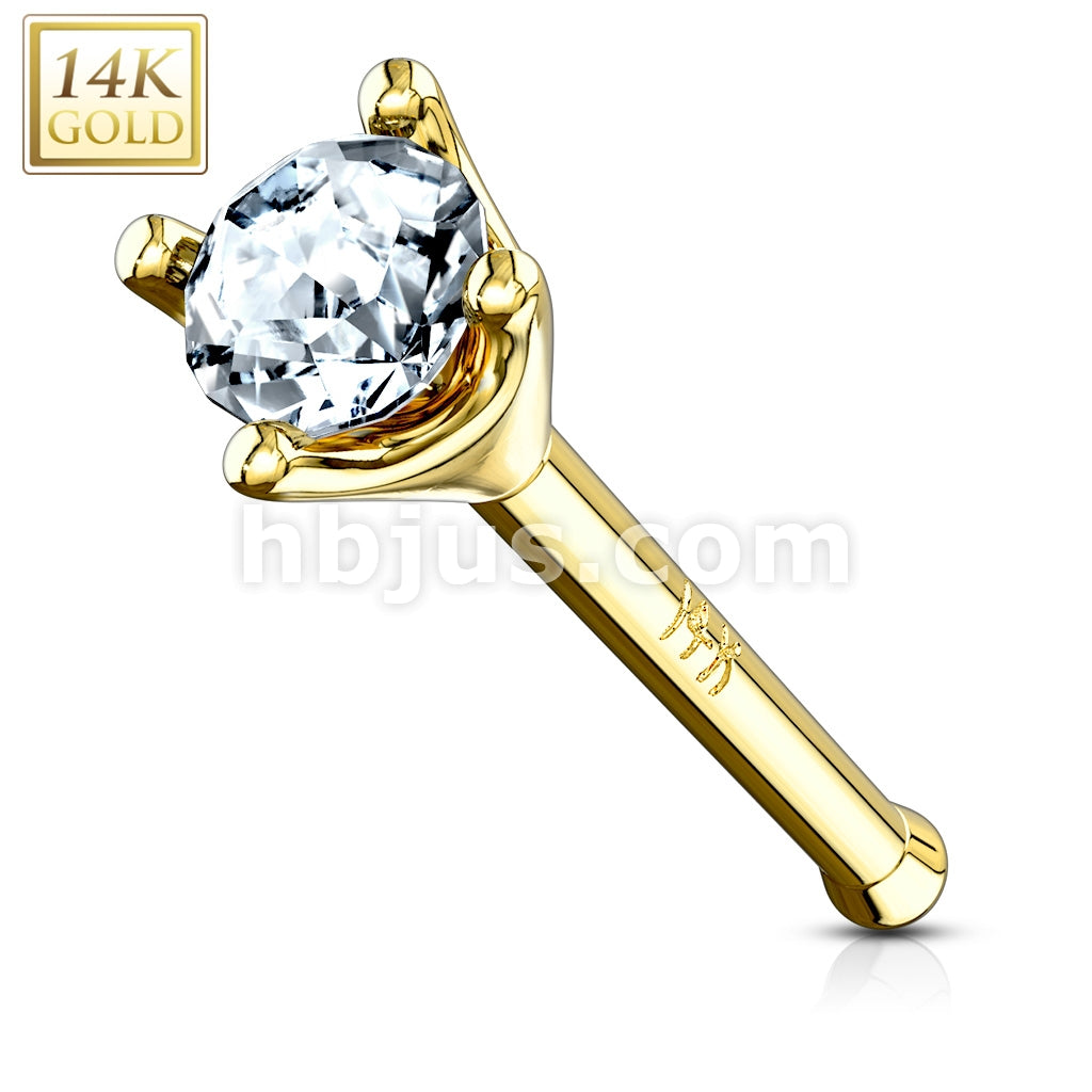 14KT  Gold Clear 1.5mm Prong Set CZ Nose Stud Ring 14 Karat Solid Gold - Image 3