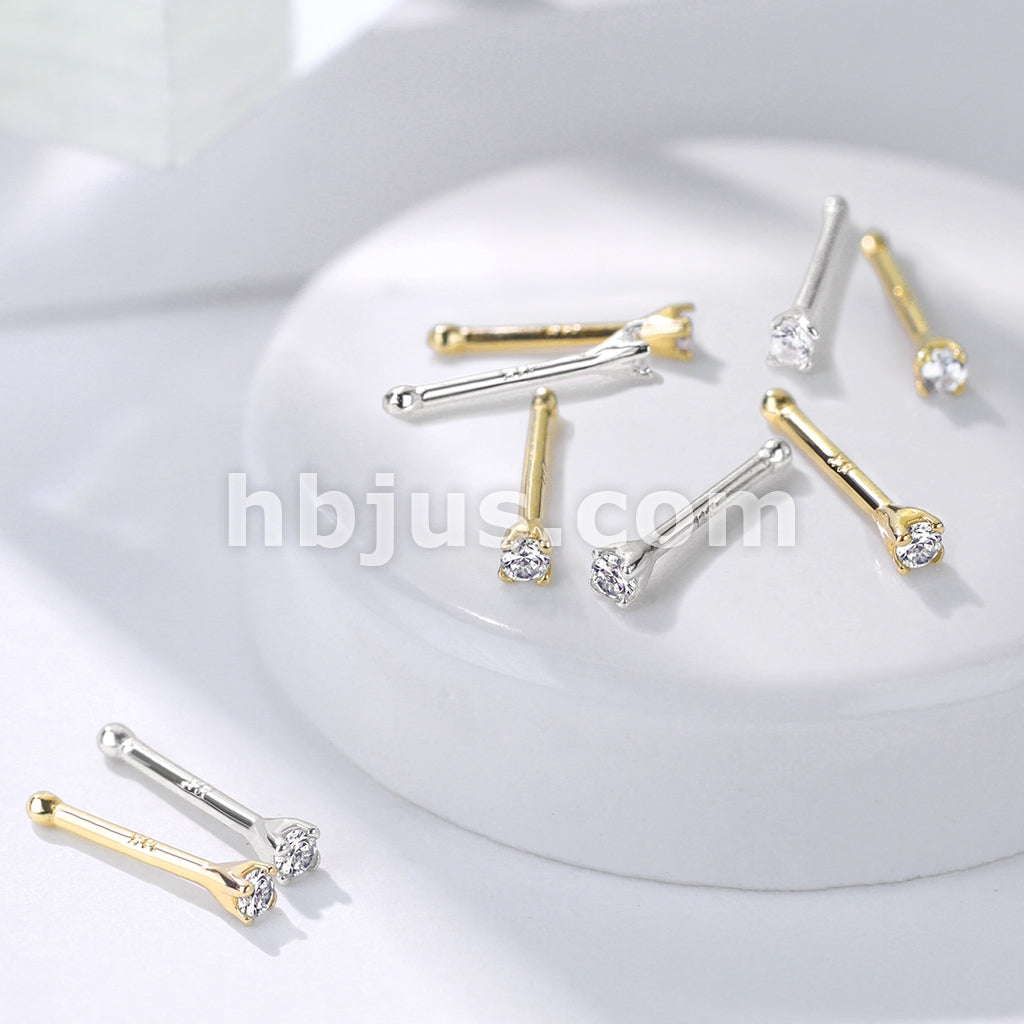 14KT  Gold Clear 1.5mm Prong Set CZ Nose Stud Ring 14 Karat Solid Gold - Image 5