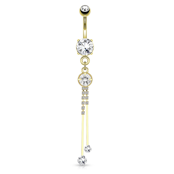 316L Surgical Steel Large Round CZ With Two Extending Strings of Square...