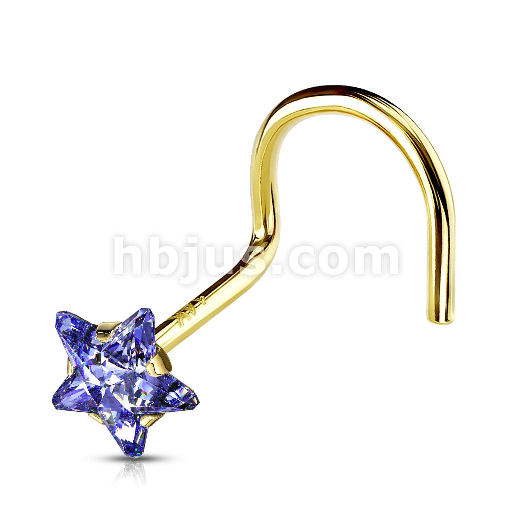 14KT  Gold 14K Solid Gold Star Prong Set CZ Nose Screw Ring - Image 9