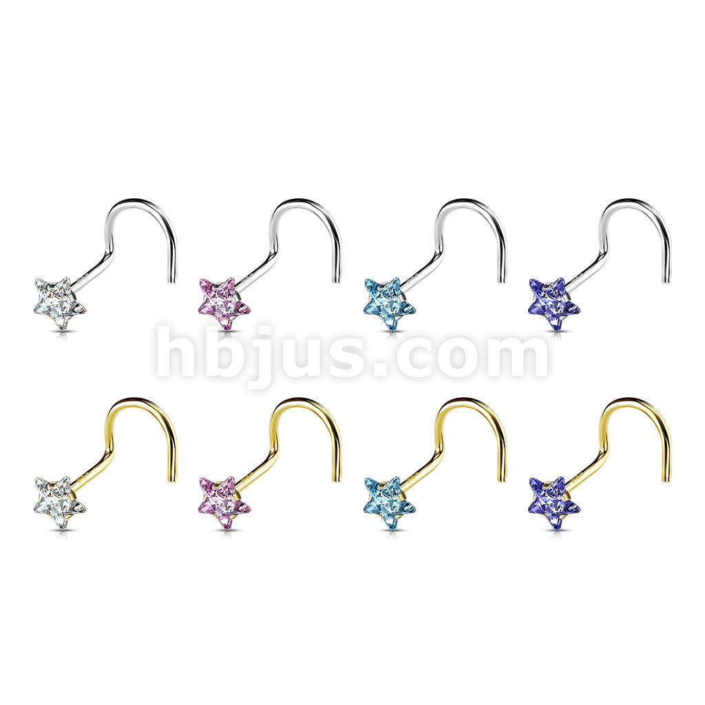 14KT  Gold 14K Solid Gold Star Prong Set CZ Nose Screw Ring - Image 10