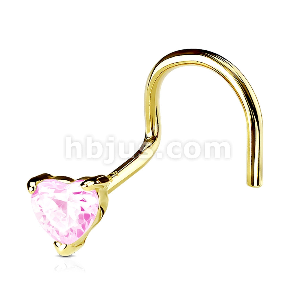 14KT  Gold 14K Solid Gold Heart Prong CZ Nose Screw Ring - Image 7