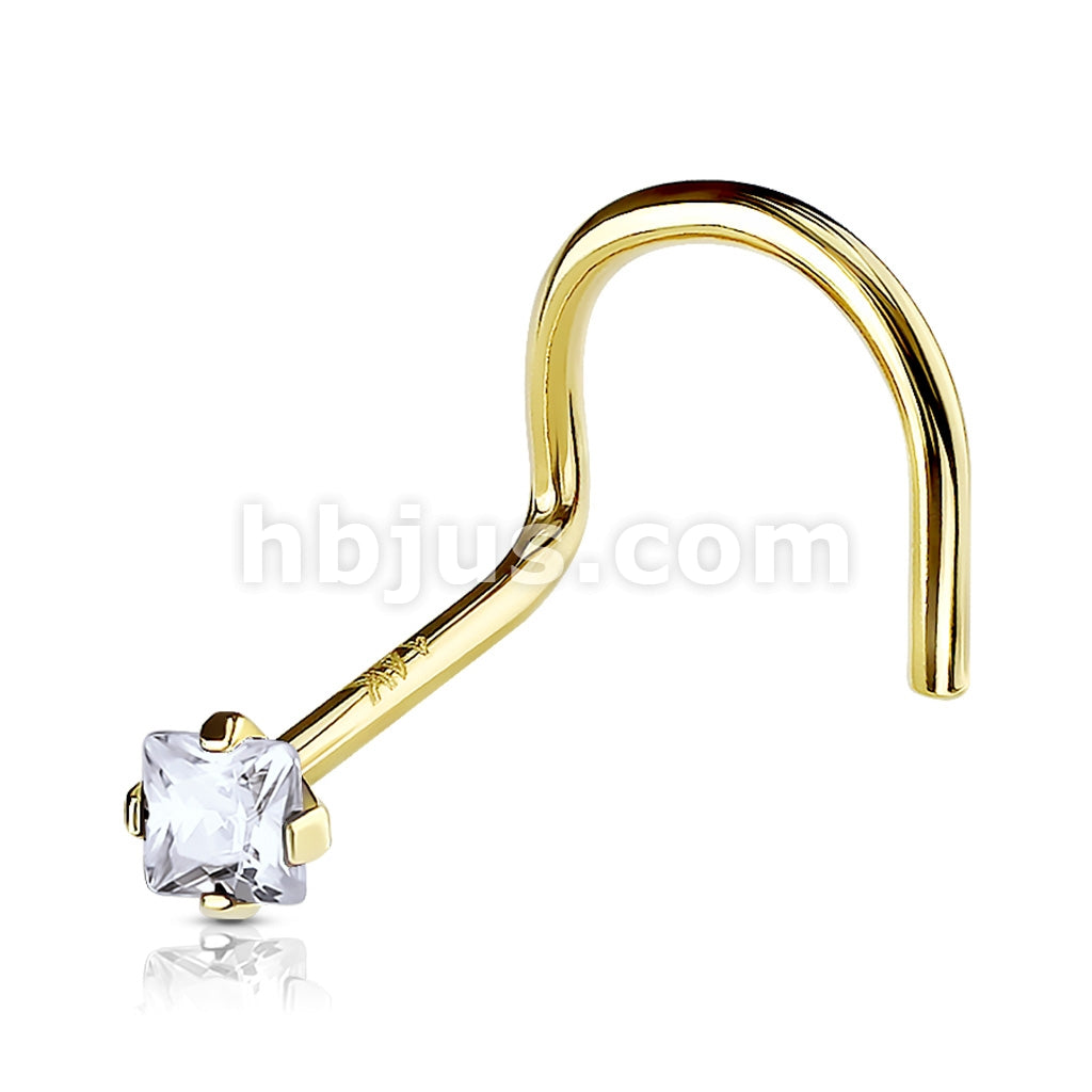 14KT  Gold Square 2mm Prong Set CZ Nose Screw 14 Karat Gold - Image 9