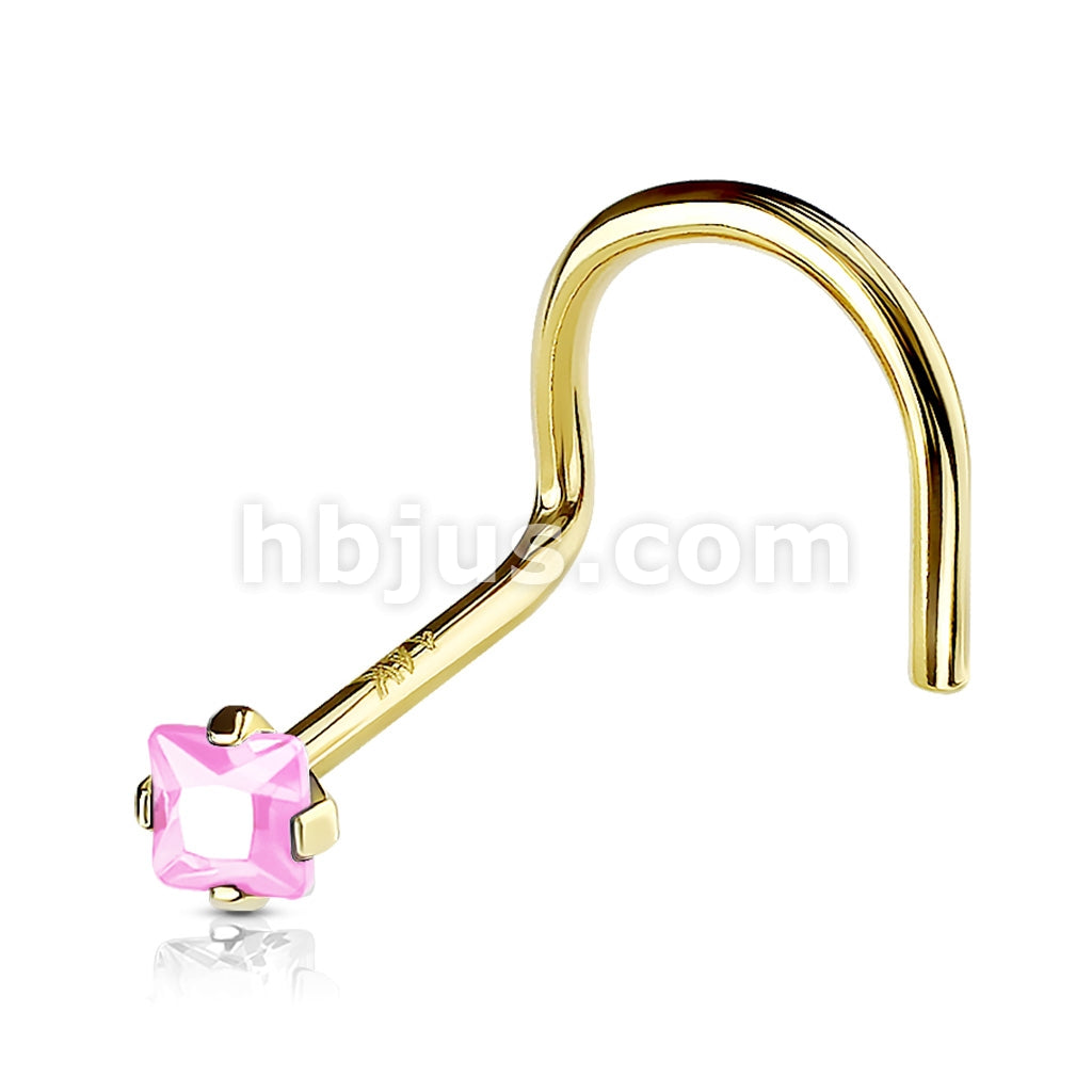 14KT  Gold Square 2mm Prong Set CZ Nose Screw 14 Karat Gold - Image 10