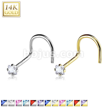 14KT  Gold Square 2mm Prong Set CZ Nose Screw 14 Karat Gold