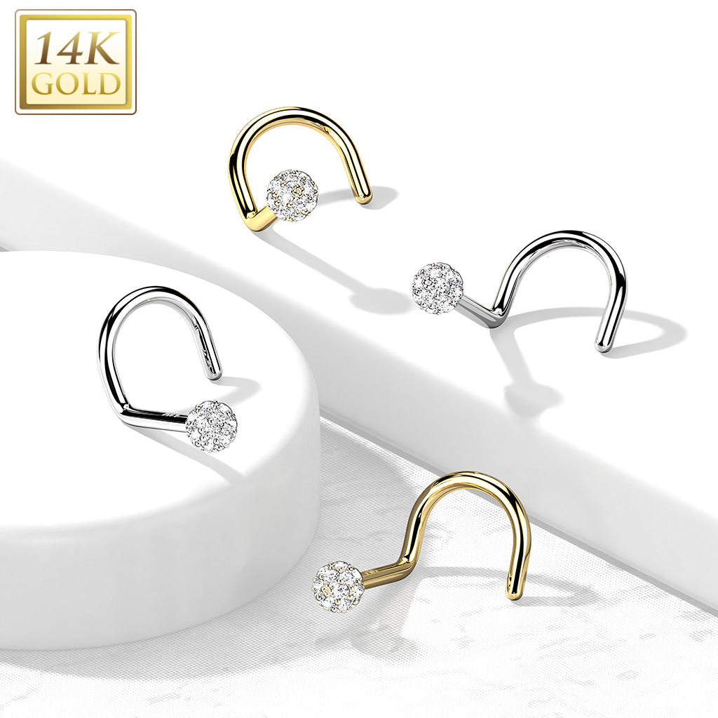 14K Gold Nose Screw with CZ Paved Ball