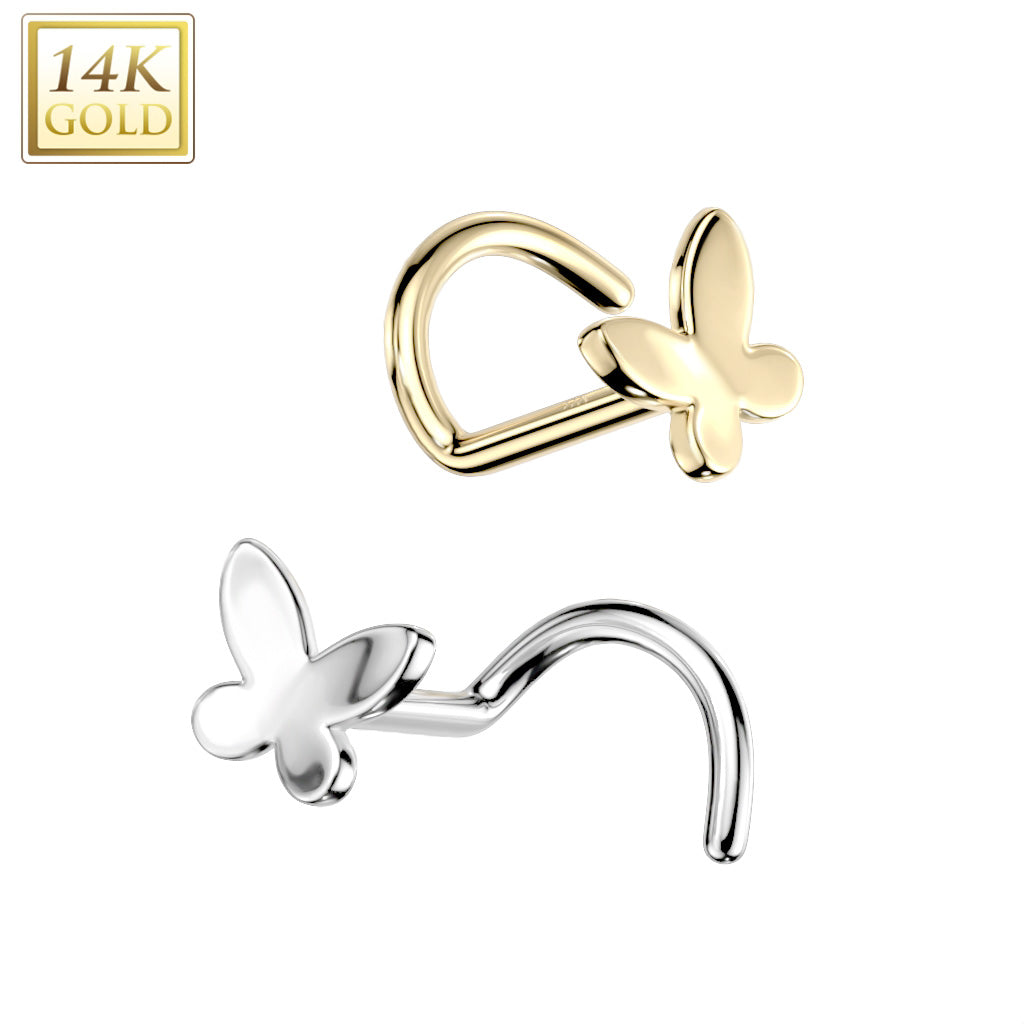 14KT Gold 14K Gold Nose Screw Rings With Butterfly Top