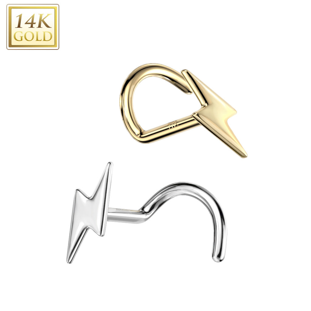 14KT Gold 14K Gold Nose Screw Rings With Lightning Bolt Top