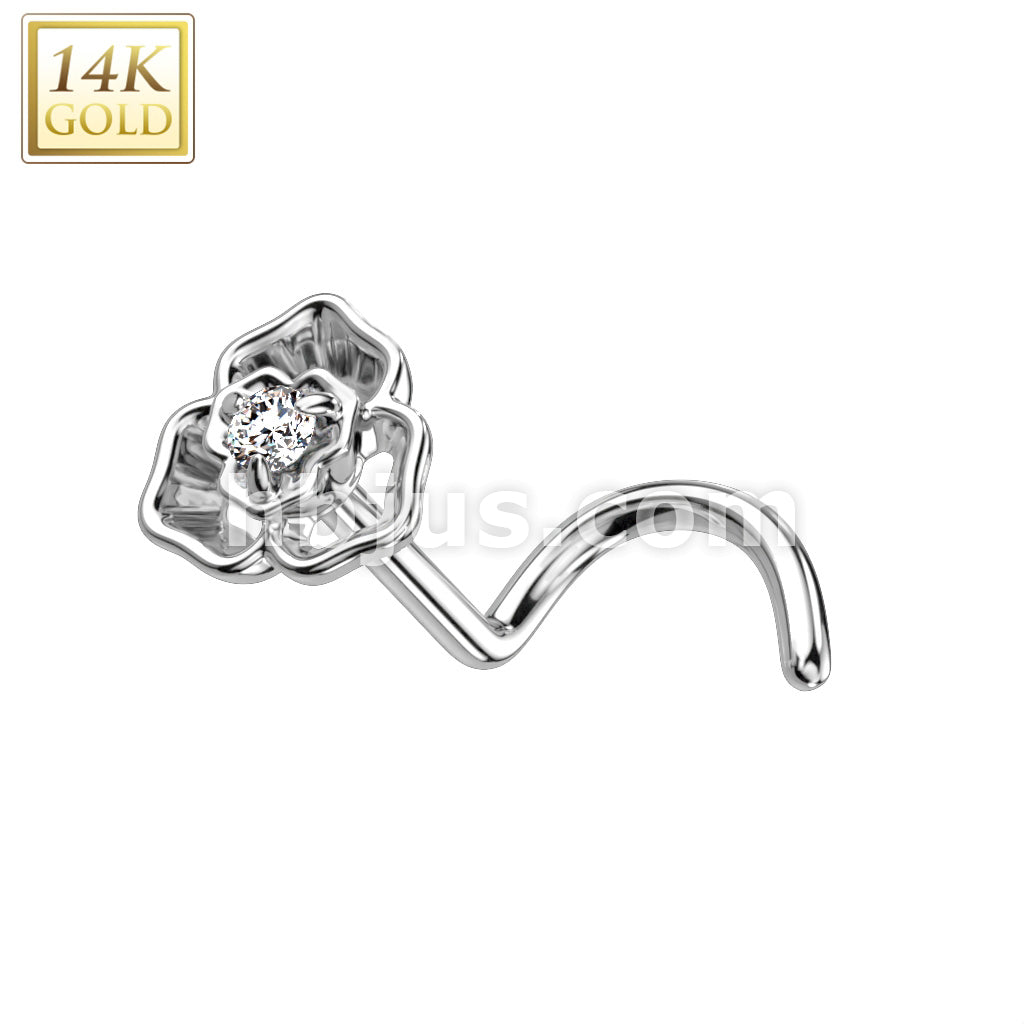 14KT  Gold 14K Gold Nose Screw Rings With CZ Centered Flower Top - Image 2