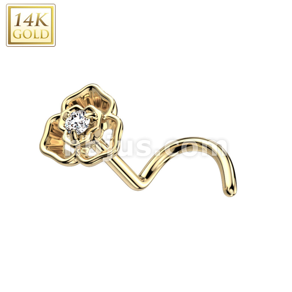 14K Gold Nose Screw Rings With CZ Centered Flower Top - Image 3