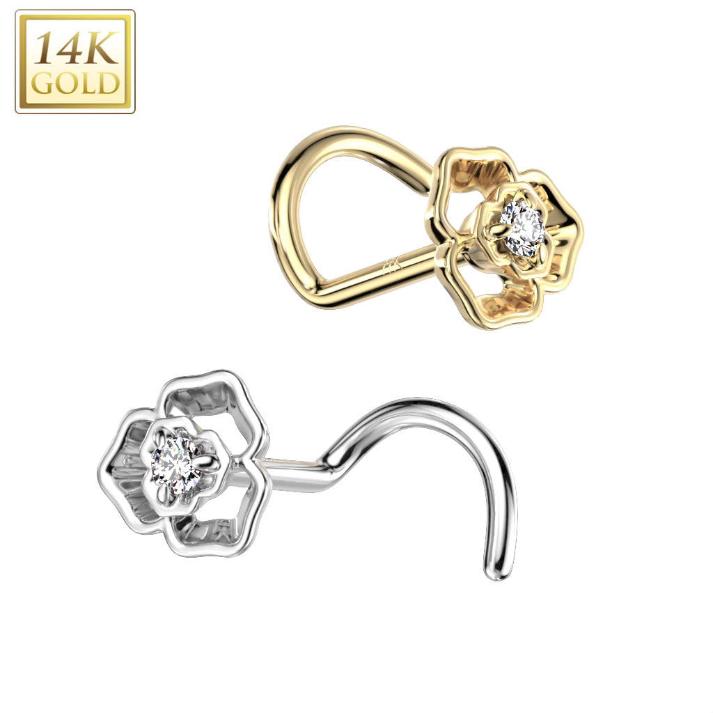 14K Gold Nose Screw Rings With CZ Centered Flower Top