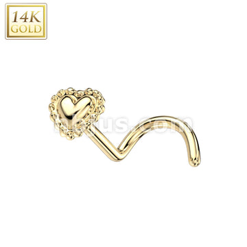 14K Gold Nose Screw Rings With Beaded Edge Heart Top - Image 3