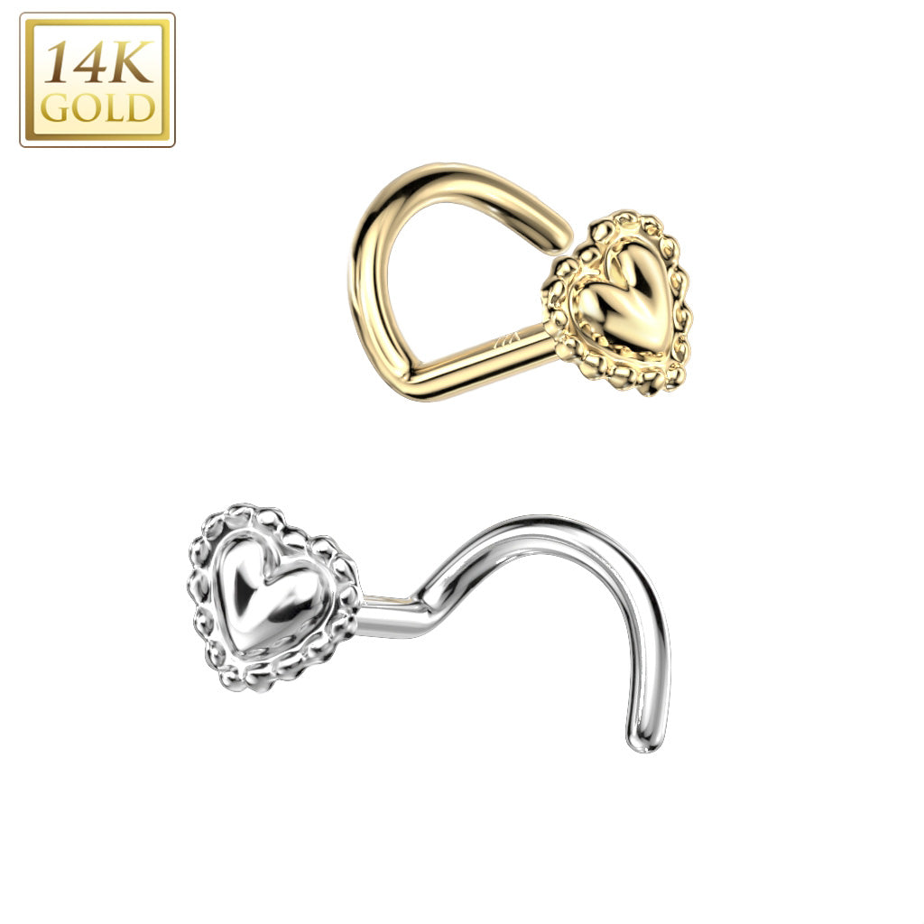 14KT Gold 14K Gold Nose Screw Rings With Beaded Edge Heart Top