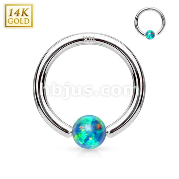 14KT  Gold 14Kt. White Gold Opal Ball Fixed Hoop Rings for Nose,... - Image 2