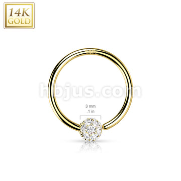 14K Gold Hoop Ring With Fixed CZ Paved Ball - Image 4