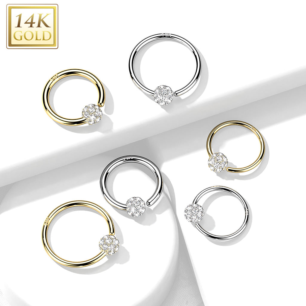 14K Gold Hoop Ring With Fixed CZ Paved Ball