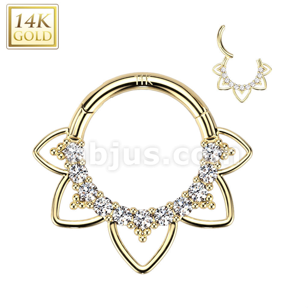 14K Gold Hinged Segment Hoop Ring With Front Facing Opal or CZ and Heart Filigree - Image 5