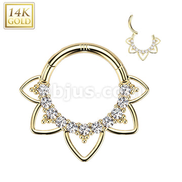 14K Gold Hinged Segment Hoop Ring With Front Facing Opal or CZ and Heart Filigree - Image 5