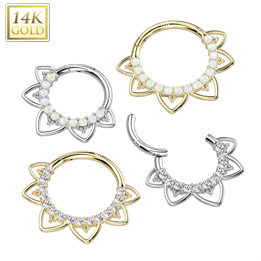 14KT Gold 14K Gold Hinged Segment Hoop Ring With Front Facing Opal or...