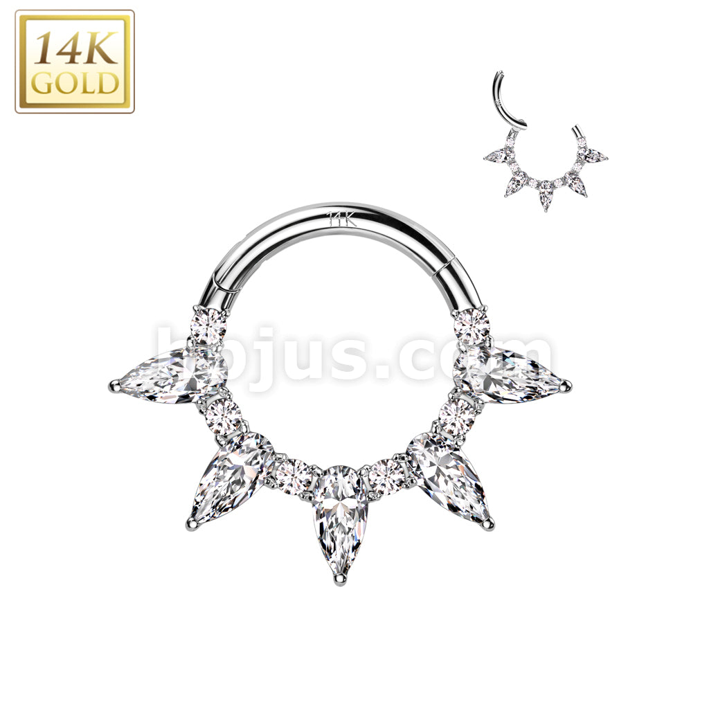 14KT  Gold 14K Gold Hinged Segment Ring With 5 Tear Drop CZ Fan - Image 2