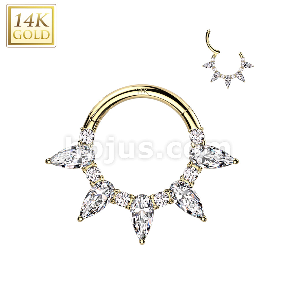 14KT  Gold 14K Gold Hinged Segment Ring With 5 Tear Drop CZ Fan - Image 3