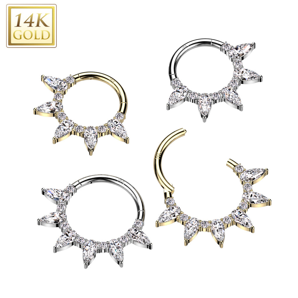 14KT Gold 14K Gold Hinged Segment Ring With 5 Tear Drop CZ Fan