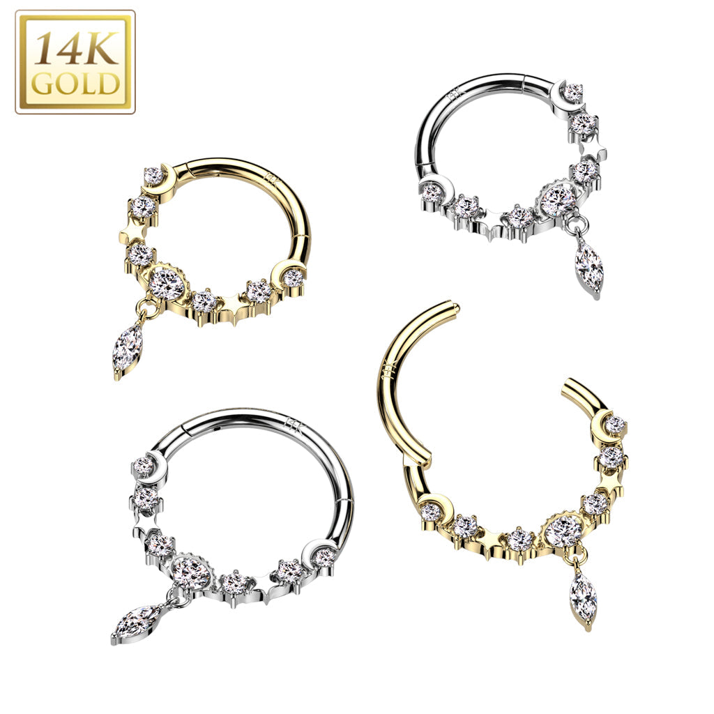 14K Gold Hinged Segment Ring With Front Facing CZ's and Marquise CZ Dangle