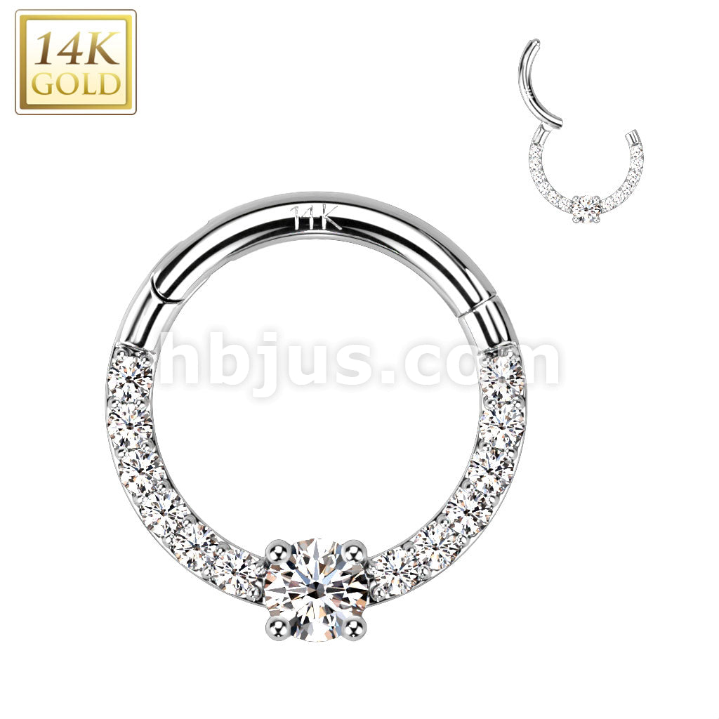 14KT  Gold 14K Gold Hinged Segment Hoop Ring With Front Facing Round CZ... - Image 2
