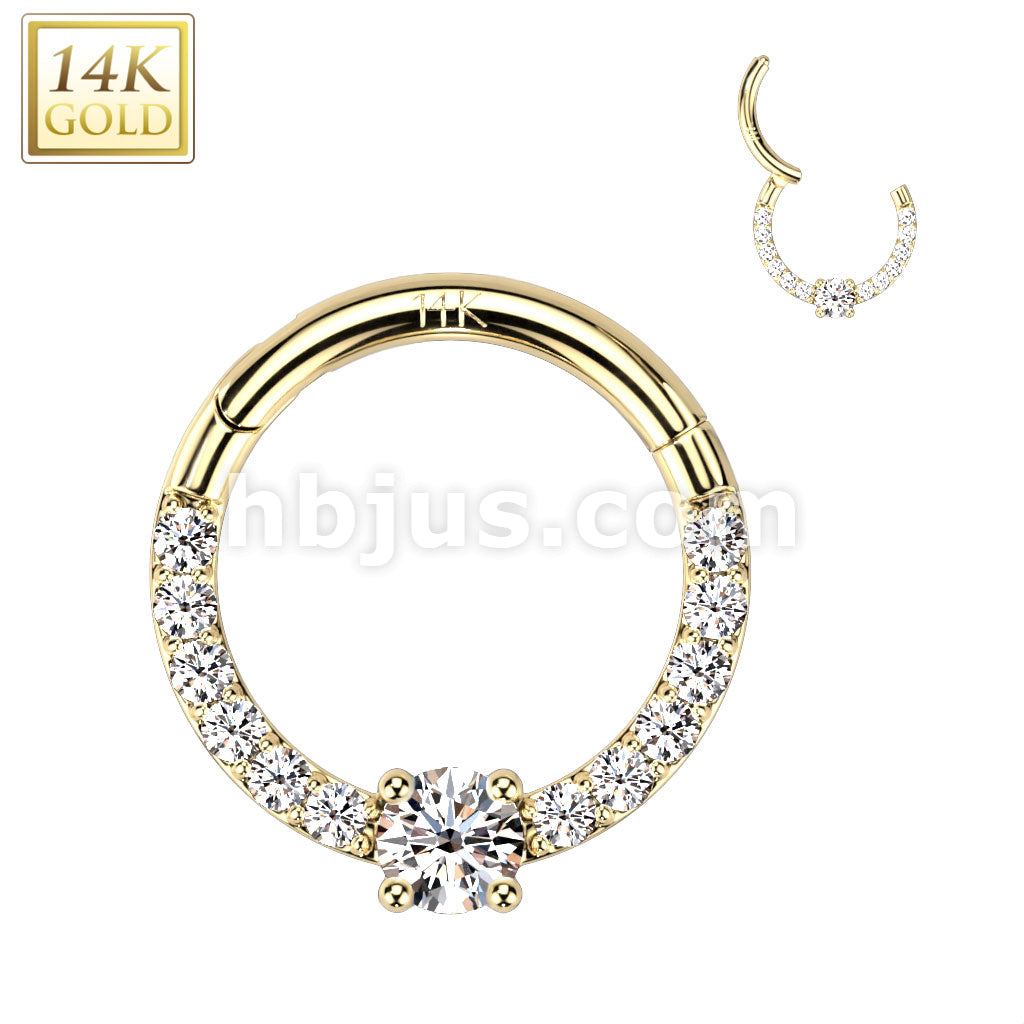 14KT  Gold 14K Gold Hinged Segment Hoop Ring With Front Facing Round CZ... - Image 3