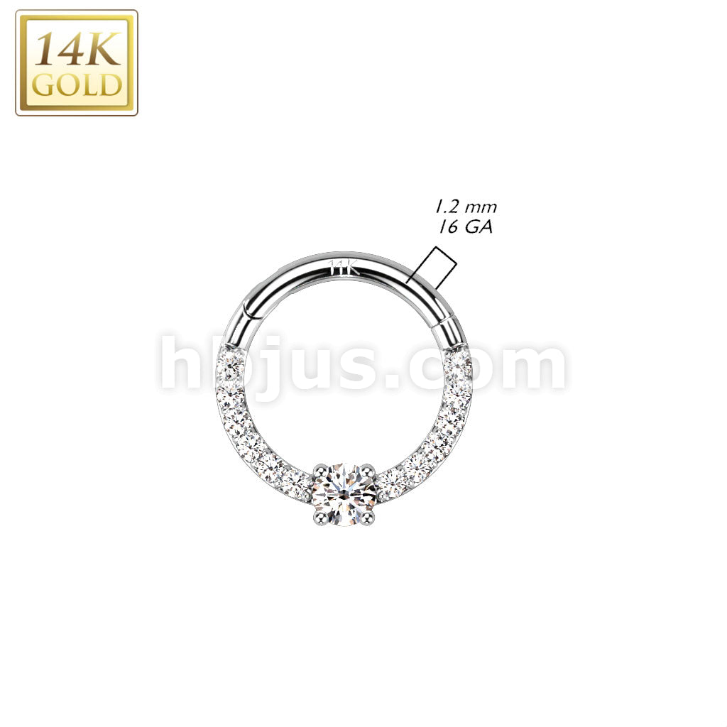 14K Gold Hinged Segment Hoop Ring With Front Facing Round CZ Center and CZ Paved Sides - Image 4