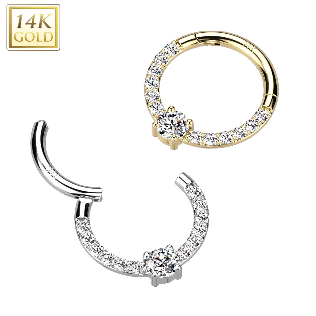 14K Gold Hinged Segment Hoop Ring With Front Facing Round CZ Center and CZ Paved Sides