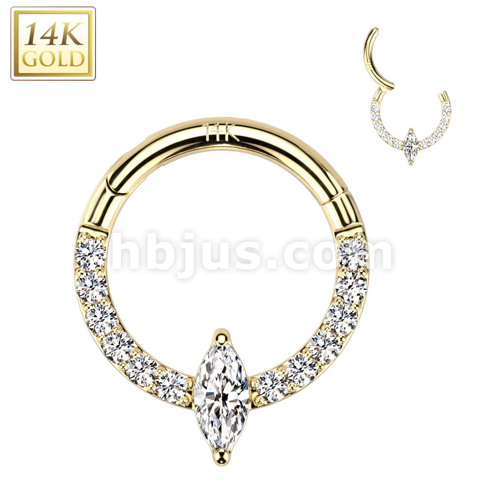 14KT  Gold 14K Gold Hinged Segment Hoop Ring With Front Facing Marquise... - Image 3