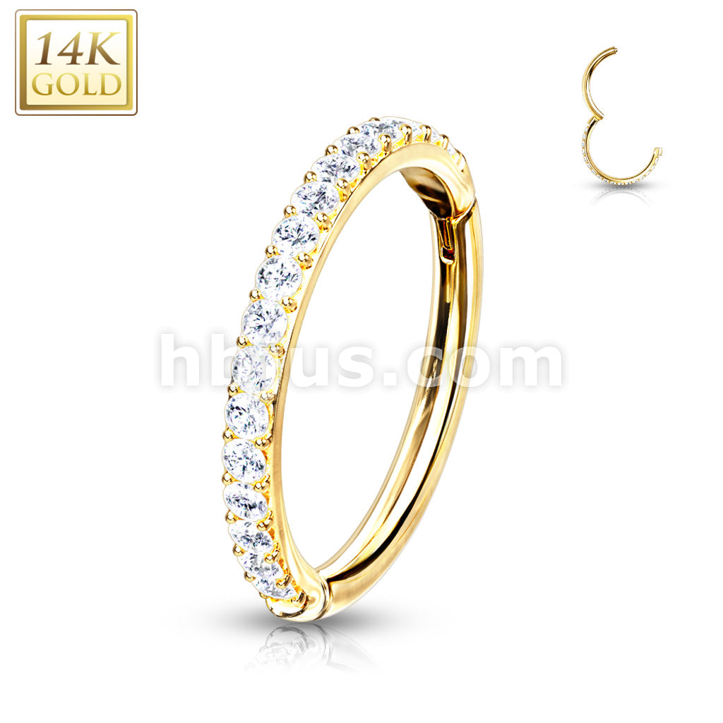 14KT  Gold 14K Gold Side CZ Paved Half Circle Hinged Hoop Rings for... - Image 4
