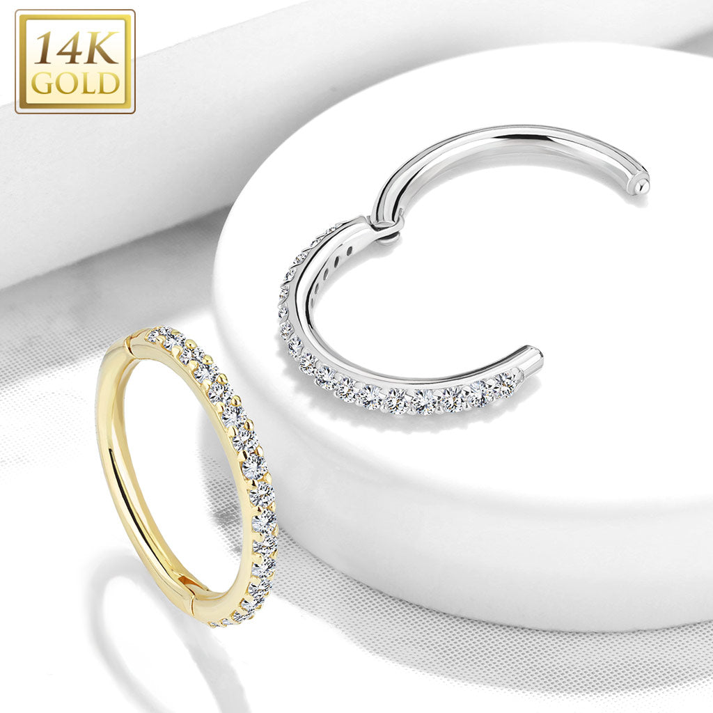 14KT Gold 14K Gold Side CZ Paved Half Circle Hinged Hoop Rings for...