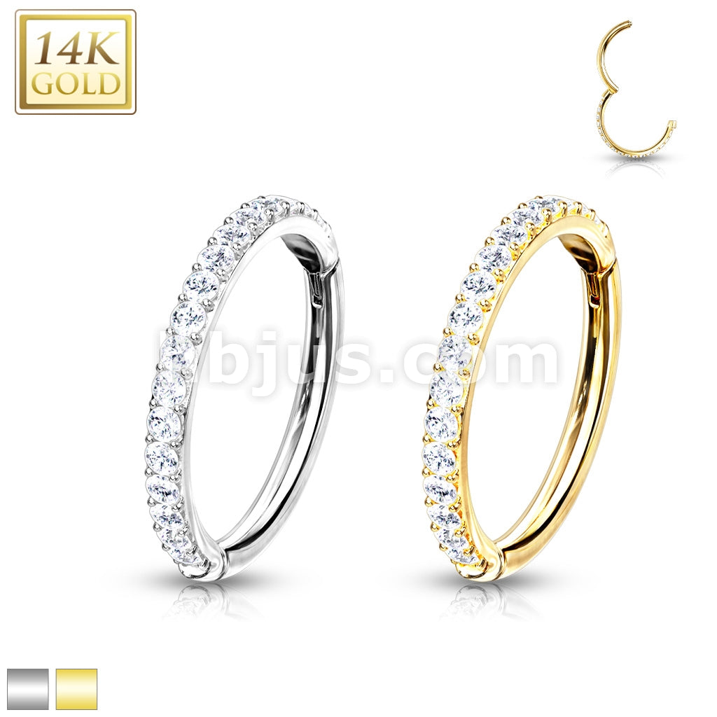 14KT  Gold 14K Gold Side CZ Paved Half Circle Hinged Hoop Rings for... - Image 2