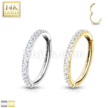 14KT  Gold 14K Gold Side CZ Paved Half Circle Hinged Hoop Rings for... - Image 2