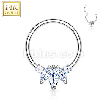 14KT  Gold 14K Gold Three Marquise CZ with Round CZ Hinged Hoop Rings... - Image 3