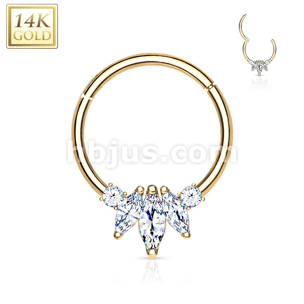14KT  Gold 14K Gold Three Marquise CZ with Round CZ Hinged Hoop Rings... - Image 4