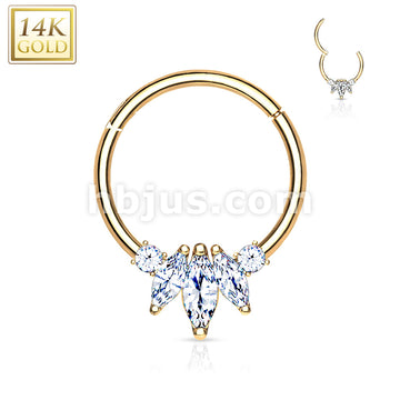 14KT  Gold 14K Gold Three Marquise CZ with Round CZ Hinged Hoop Rings... - Image 4