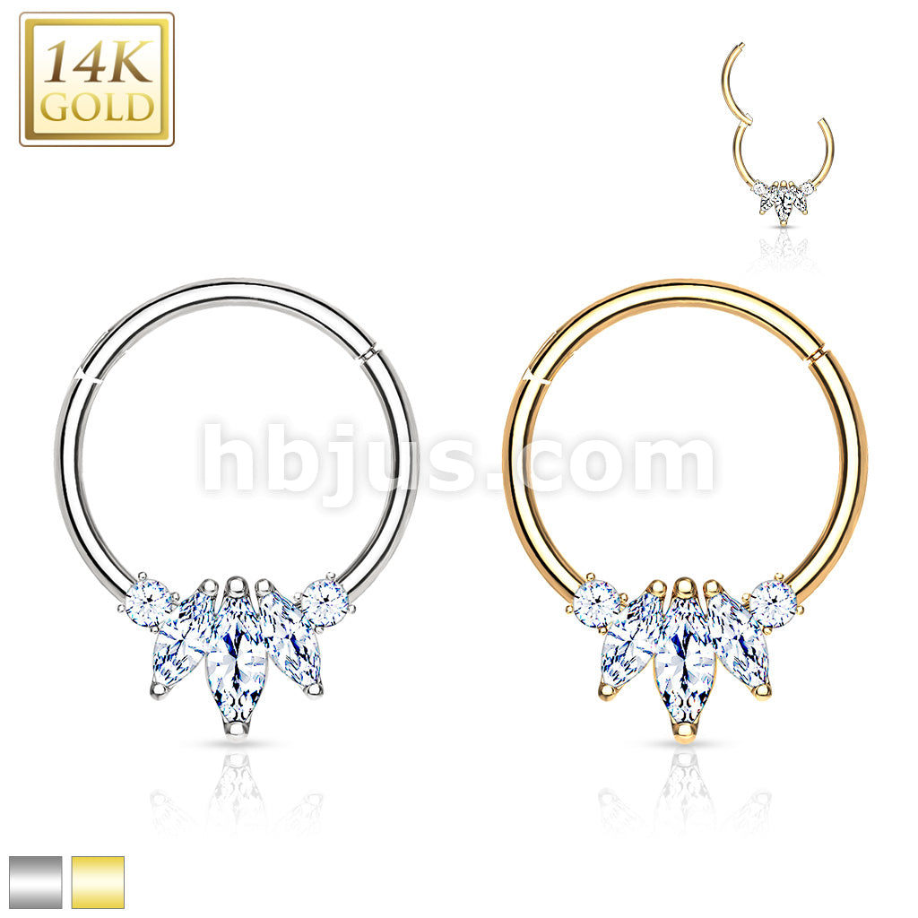 14KT  Gold 14K Gold Three Marquise CZ with Round CZ Hinged Hoop Rings... - Image 2