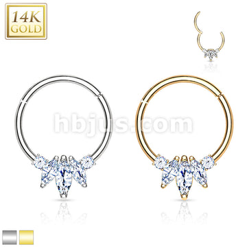 14KT  Gold 14K Gold Three Marquise CZ with Round CZ Hinged Hoop Rings... - Image 2