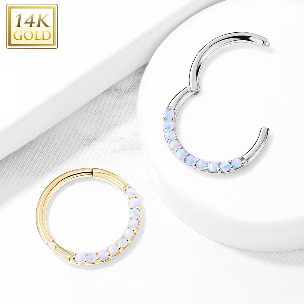 14KT Gold 14K Gold Opal Lined Set Hinged Segment Hoop Rings for Nose...