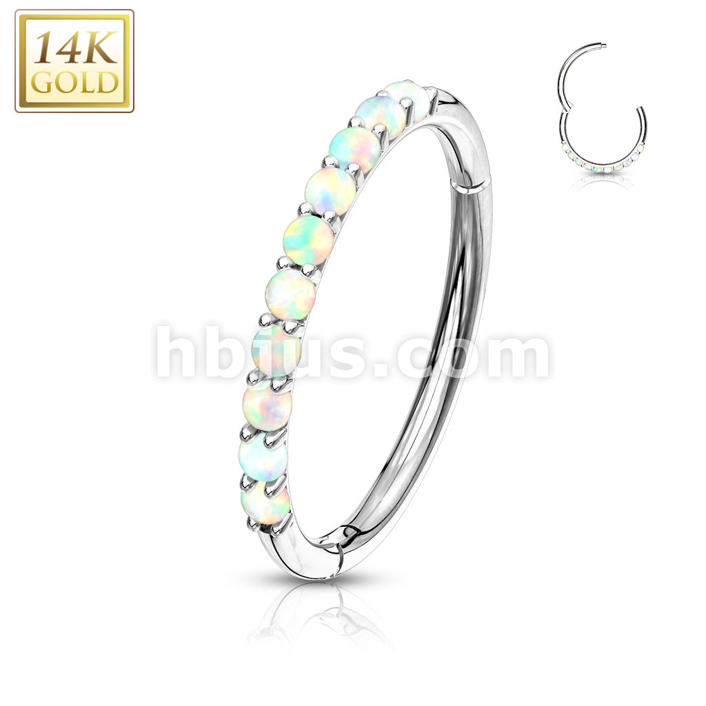 14KT  Gold 14K Side Opal Paved Half Circle Hinged Segment Hoop Rings... - Image 3