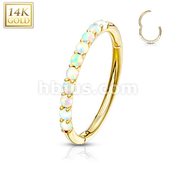 14KT  Gold 14K Side Opal Paved Half Circle Hinged Segment Hoop Rings... - Image 4