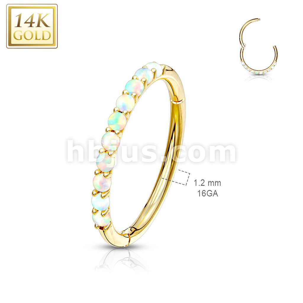 14KT  Gold 14K Side Opal Paved Half Circle Hinged Segment Hoop Rings... - Image 5