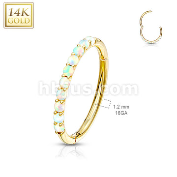14KT  Gold 14K Side Opal Paved Half Circle Hinged Segment Hoop Rings... - Image 5