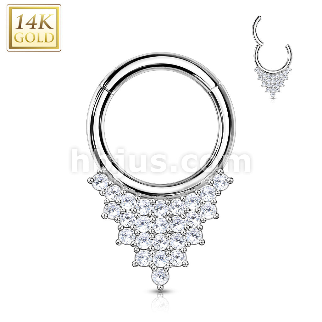 14KT  Gold 14K Gold Hinged Segment Hoop Ring with CZ Paved Triangle Plate - Image 3